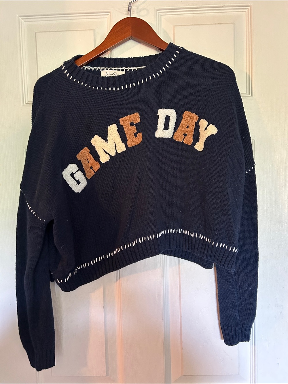 GAME DAY Cropped Crewneck Sweater - Navy with Cream & Tan Lettering